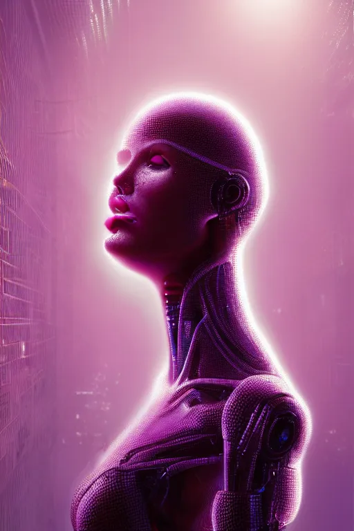 Image similar to attractive female i robot sticking tongue out sensually and sweating, full body portrait, intricate, elegant, purple volumetric lighting, scenery, digital painting, highly detailed, artstation, sharp focus, illustration, concept art, luis rollo, ruan jia, steve mccurry, john berkey