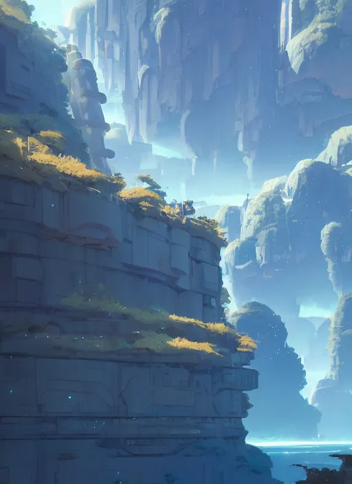 Image similar to canyon with giant gate, nuclear powered, detailed, futuristic, cory loftis, james gilleard, atey ghailan, makoto shinkai, goro fujita, studio ghibli, rim light, exquisite lighting, clear focus, very coherent, plain background