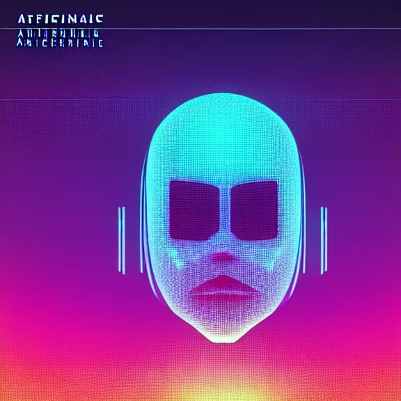 Prompt: artificial intelligence album cover, synthwave mesh background, vintage sci-fi soft grainy