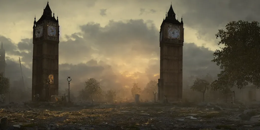 Image similar to a destroyed clock tower in a destroyed London at sunrise, ruins, clouds in the sky, concept art, octane render, unreal engine 5, trending on Artstation, high quality, 8K, soft lighting, highly detailed, trending on DeviantArt, mossy, apocaliptic, serene landscape, beautiful, cgsociety