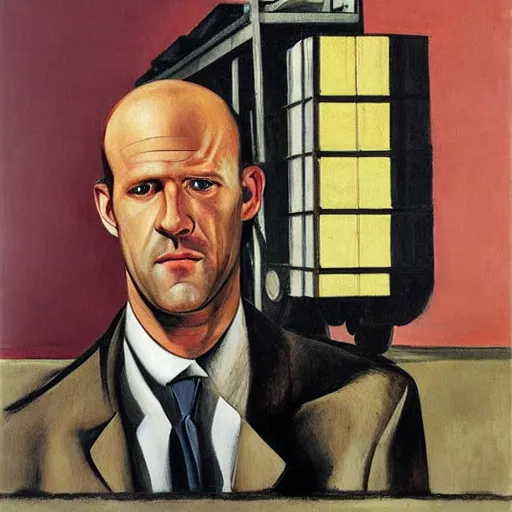 Image similar to portrait of jason statham pet detective standing atop a garbage truck giorgio de chirico mark rothko lucian freud greg rutkowski