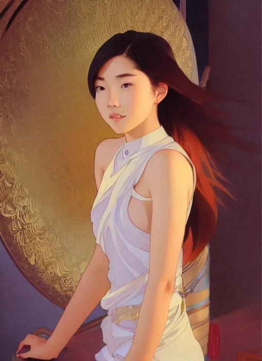 Prompt: sexy young asian woman with shoulder length shiny shimmering golden blond hair, path traced, highly detailed, high quality, digital painting, by studio ghibli and alphonse mucha, leesha hannigan, makoto shinkai, disney