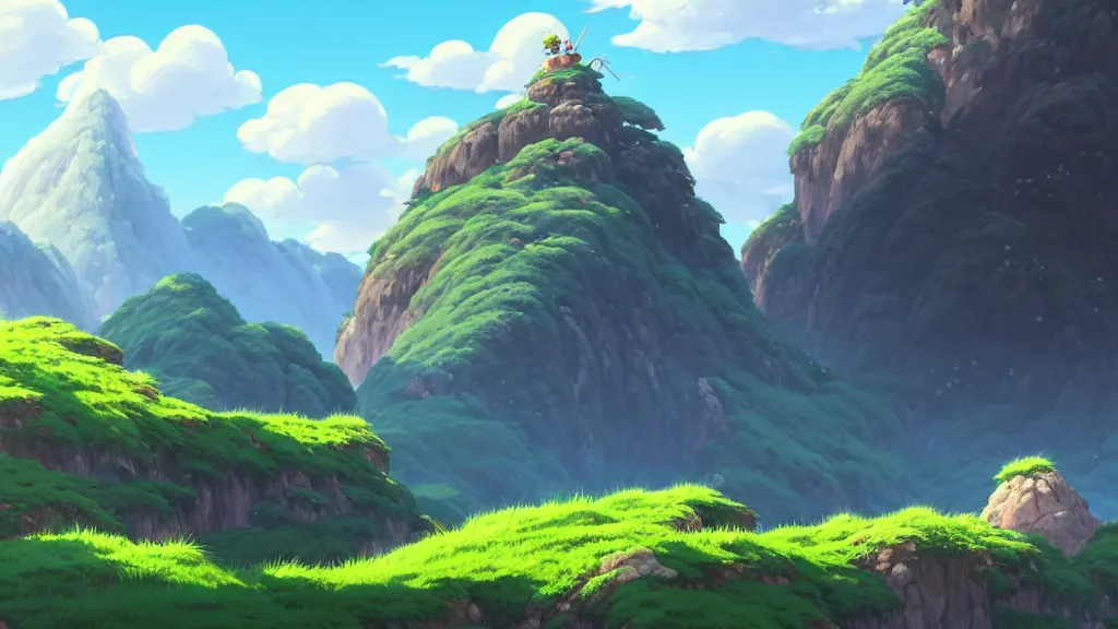 Image similar to mountainside landscape, studio ghibli, pixar and disney animation, sharp, rendered in unreal engine 5, highly detailed, digital painting, artstation, concept art, smooth, sharp focus, illustration, wide angle, artbook, wallpaper, splash art, promo art, dramatic lighting, art by artgerm and greg rutkowski and bo chen and jin xiaodi