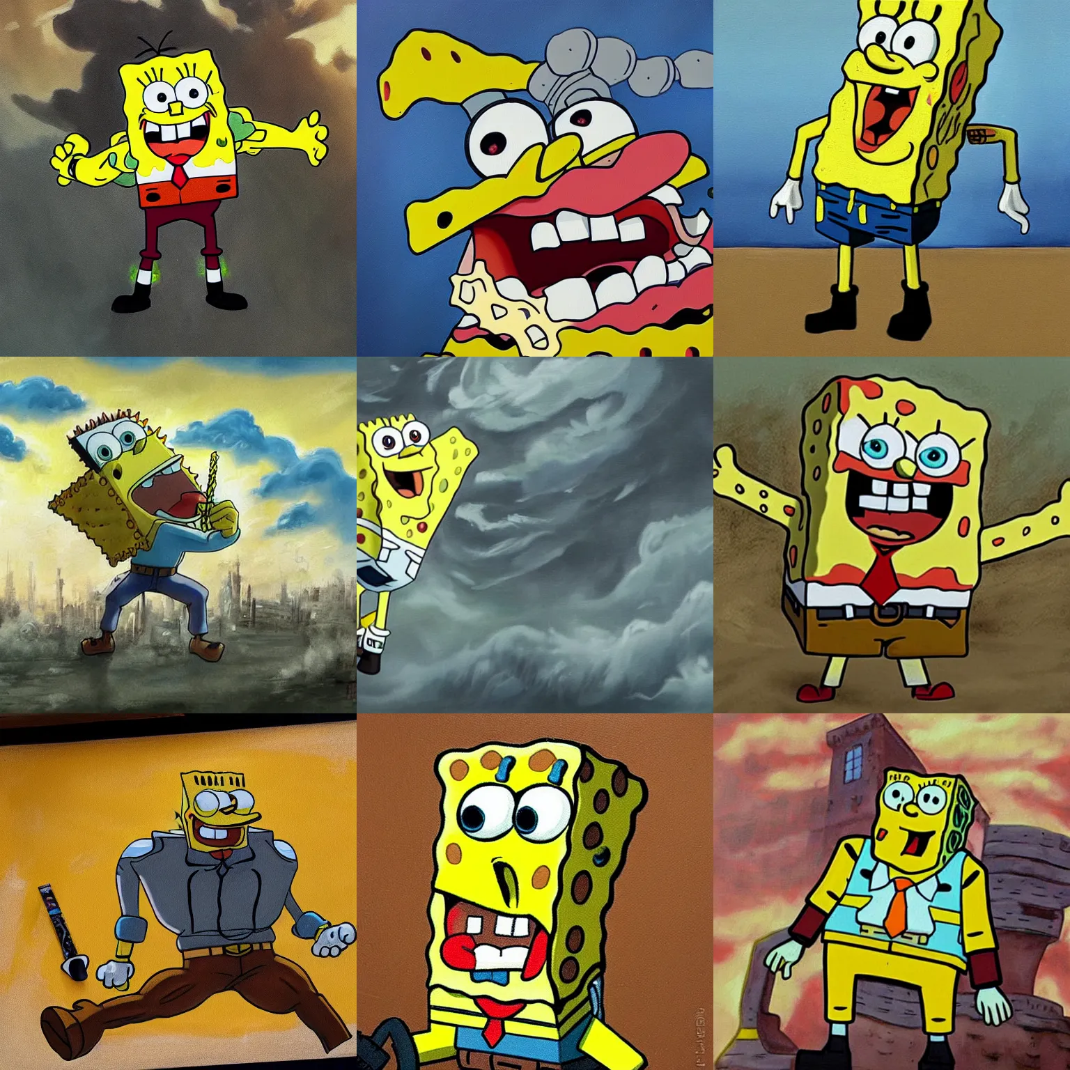 Prompt: a painting of SpongeBob as a Titan in Attack on Titan,