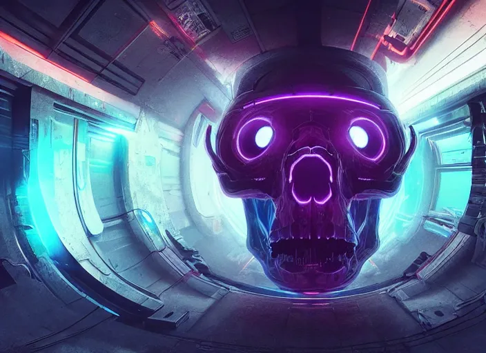 Image similar to a futuristic skull with glowing eyes and a wormhole tunnel cyberpunk art by beeple, featured on artstation, darksynth, synthwave