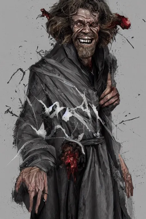 Image similar to A deranged filthy man looking like Wille. Dafoe wearing long dark damaged ripped robes looking at the ca.era with a creepy smile, long fingernails, unclipped fingernails, sharp fingernails, focus on face, sharp focus, digital painting, trending on artstation, concept art, fantasy, medieval, D&D
