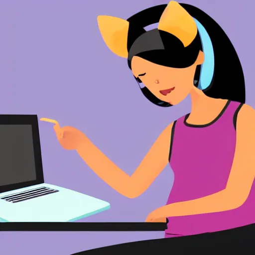 Image similar to cute woman wearing tank top and cat ears plays on computer, digital art