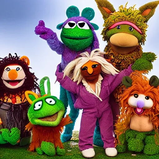 Image similar to a chibi fox muppet druid character wearing a hooded cloak holding a small muppet manatee in one arm and a muppet dinosaur cat in the other arm with a small herd of random muppet animals following behind, sesame street, photograph, photography, ultrarealistic, national geographic