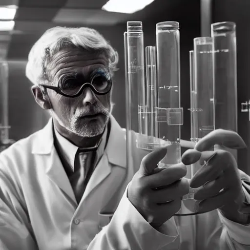Prompt: Year 2150. Old while male Gray-haired scientist working in the laboratory wering glasses highly detailed human face. Samples of the anti matter in the test tubes displayed on his working station. Westworld movie style, ultrarealistic