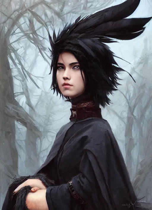 Image similar to a teenage girl with very short black hair and a huge cloak made of black raven feathers. beautiful highly detailed face. beautiful painting by artgerm and greg rutkowski and raymond swanland