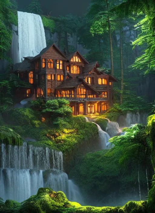 Image similar to beautiful big house in the forest, a big waterfall flows down from the mountain, octane render, fabulous, hyper detailed, random cinematic view, no noise, global illumination, warm lighting, volumetric, godrays, vivid, beautiful, by jordan grimmer