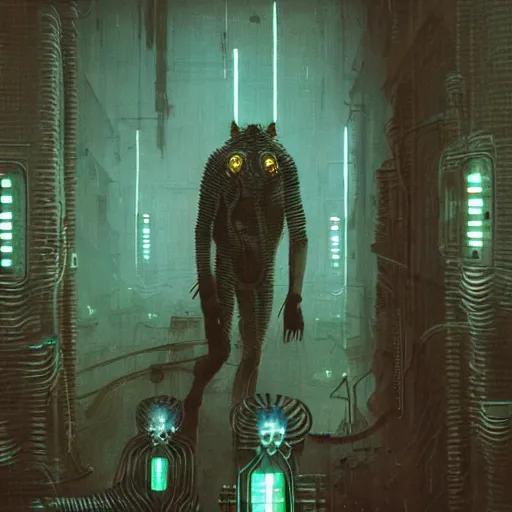 Image similar to cyberpunk dystopian cyborg hyena, wires and glowing lights, beksinski style, realism