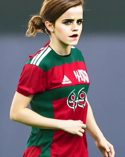 Image similar to a portrait of emma watson as a lokomotiv football player, hyper realistic