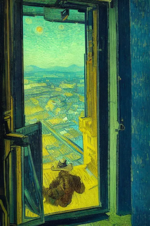 Prompt: a person looking from a window of a space station , colorful, beautiful, national geographic, very detailed, astrophotography, oil painting, canvas, Vincent van Gogh, Caspar David Friedrich, Theodor Kittelsen, Albert Bierstadt