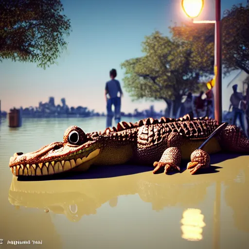 Prompt: ice cream crocodile, 3 d model, unreal engine, highly detailed, on a riverbank, hyperealistic, octane render, concept art, artstation, dusk lighting, realistic shadows