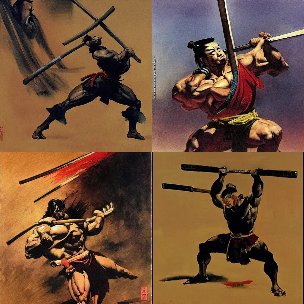 Prompt: painting of a samurai lifting weights by Frank Frazetta