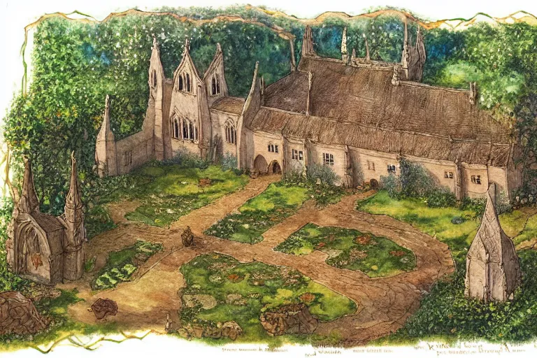Image similar to an elaborate and dense painting of the peaceful redwall abbey in mossflower wood, detailed, made of alcohol ink on parchment and penned illustrations, by brian jacques and jean baptiste monge