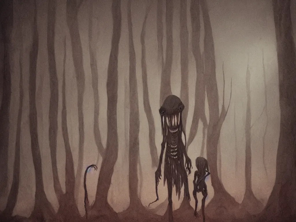 Prompt: A tall skinny horrifying creature coming out of the dark woods at night