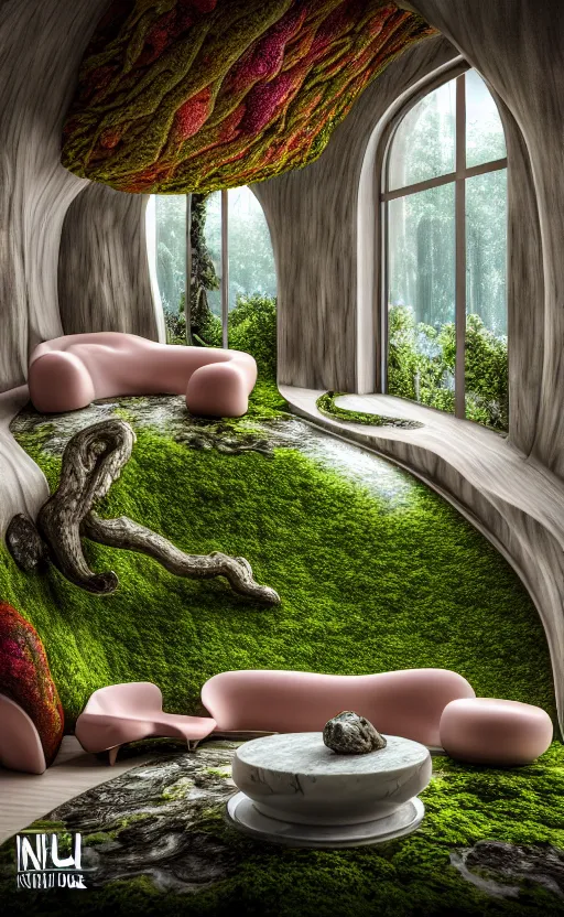 Image similar to highly detailed villa natural beautiful light interior soft cinematic composition of a smooth ceramic porcelain biomorphic magnolia stone nebula fluid sci - fi surreal colorful architecture landscape, furniture, granite, trees, marble, moss, lichen, fungi, vincent callebaut composition, mamou - mani, archviz, 8 k, unreal engine, hdr