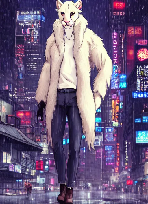 Image similar to character portrait of a male anthro albino mountain lion fursona with a cute beautiful attractive furry face wearing stylish clothes in a cyberpunk city at night while it rains. hidari, color page, tankoban, 4K, tone mapping, Akihiko Yoshida.