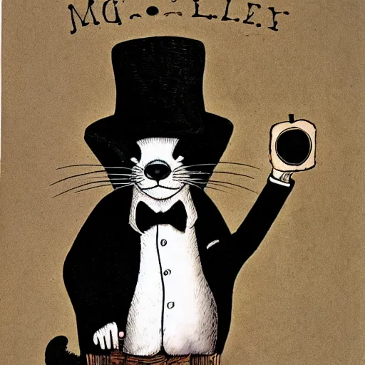 Image similar to a full portrait of a jaunty ferret with a monocle by edward gorey