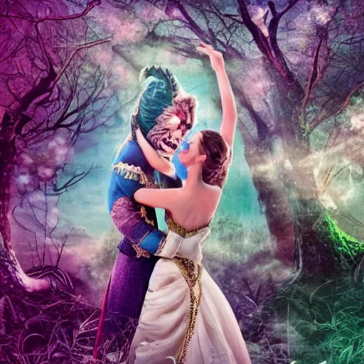 Image similar to beauty as the beast, beast as the beauty, soul swapping, fantasy, stylistic blur, color restoration