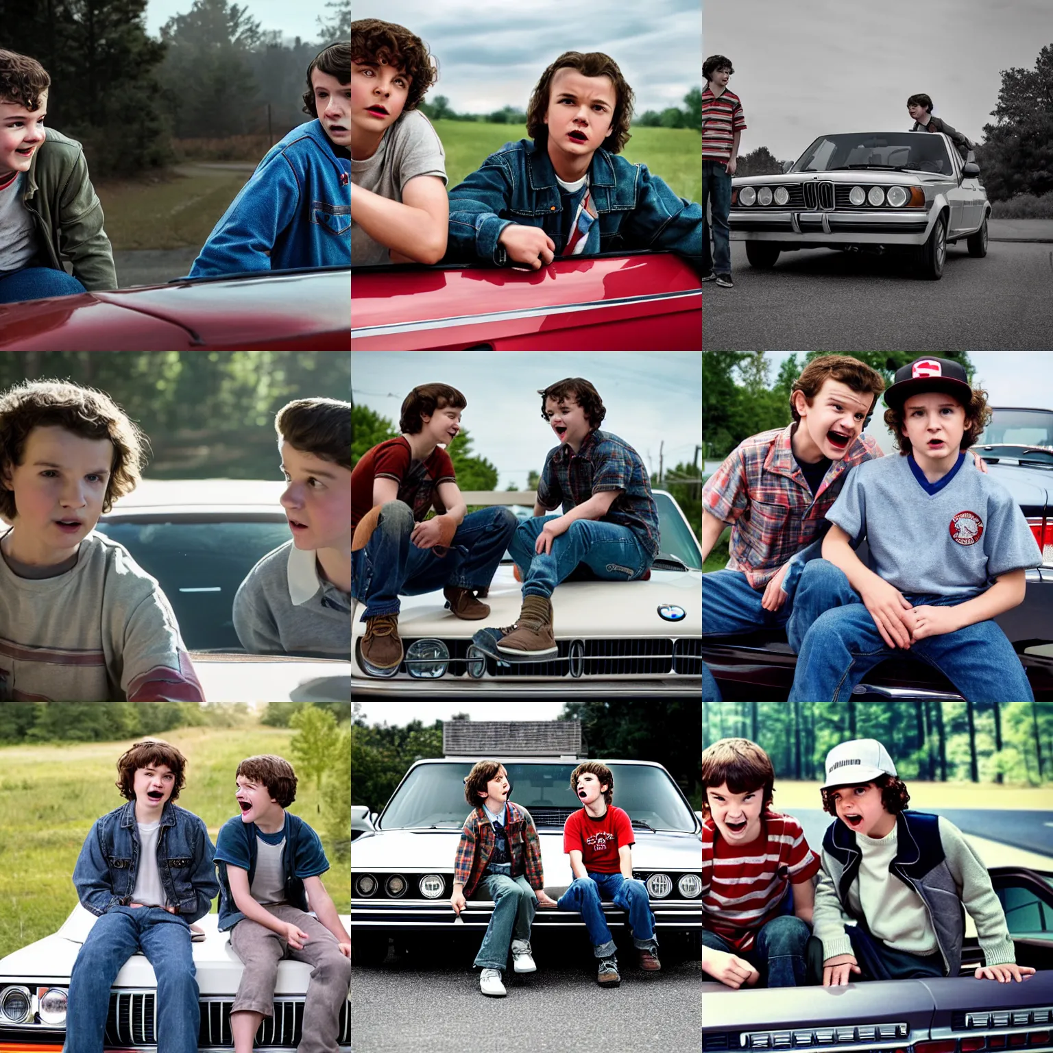 Prompt: Dustin and Steve from Stranger Things having a funny conversation and sitting on a hood of an 80's BMW, view from front of the car, highly detailed photography, 4K, highly realistic, slightly grey filter