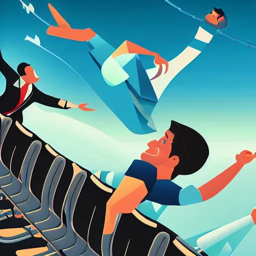 Image similar to a man has to sit in a delayed airplane while his friends enojy a climbing award - winning digital artwork