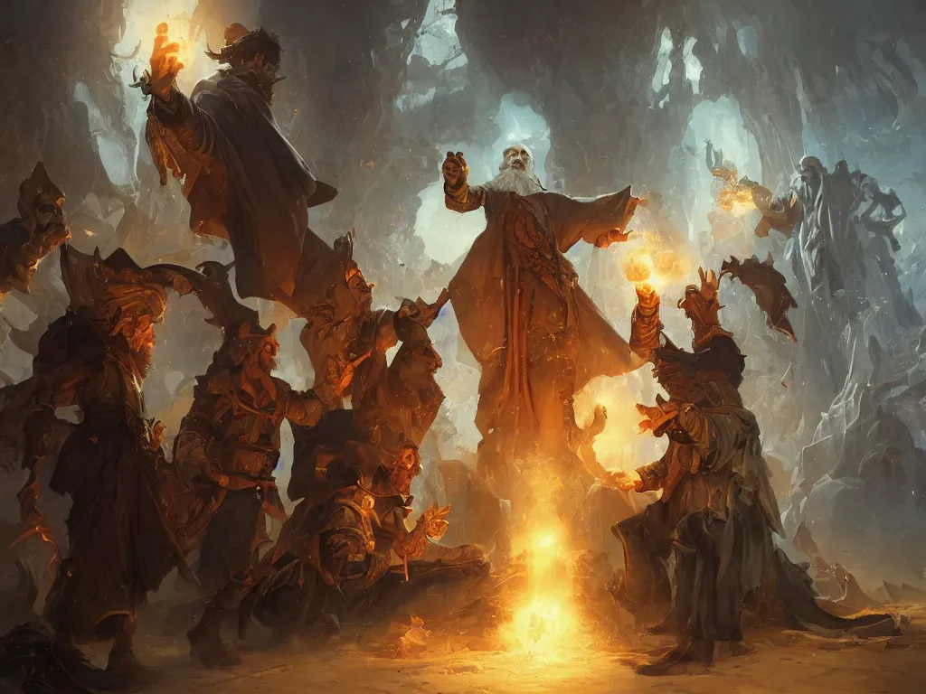 Image similar to an old wizard teaching apprentices a visual spell in the baroque era, hearthstone art style, epic fantasy style art by Craig Mullins, fantasy epic digital art, epic fantasy card game art by Greg Rutkowski