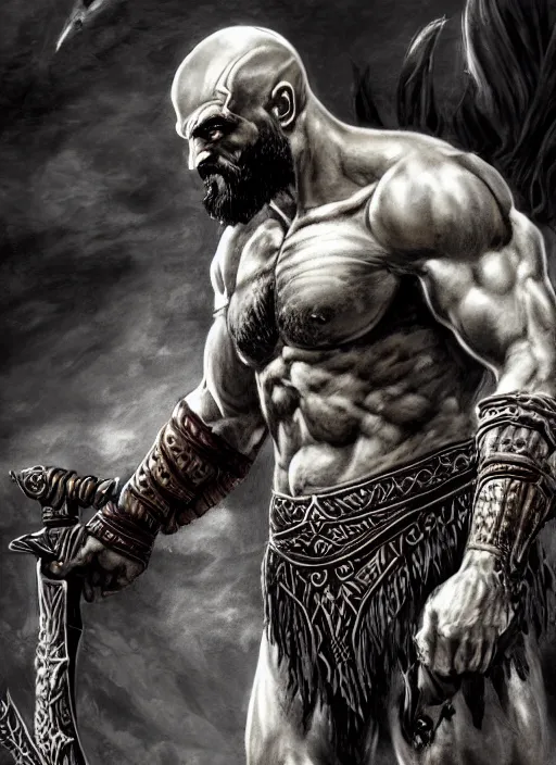 Prompt: a highly detailed beautiful 3 5 mm closeup photo of jason momoa kratos hybrid god of war holding a sword and fighting zombies on a pile of human skulls, spartan warrior, olympian god, muscular!, frank frazetta, boris vallejo, action pose, ambient lighting, volumetric lighting, octane, fantasy