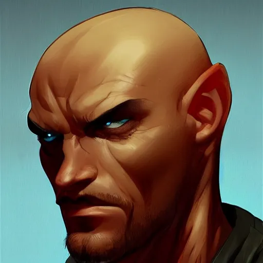 Image similar to bald man with plastic black spike driven through his eyes, flat side facing forward, points coming out back of his head, portrait, behance hd artstation, style of jesper ejsing