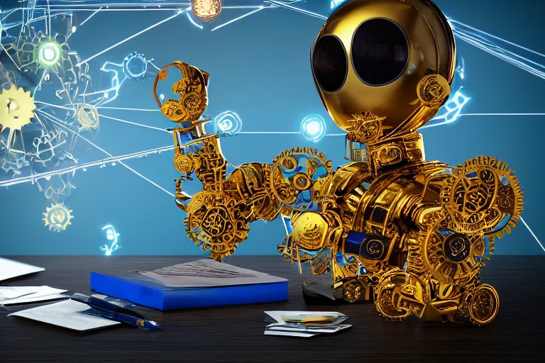 Prompt: photo of a golden and blue metal steampunk office robot with gears and tubes sitting in a modern office, on the table is a suitcase with money, eyes are glowing red lightbulbs, shiny crisp finish, 3 d render, 8 k, insaneley detailed, fluorescent colors, background is multicolored lasershow