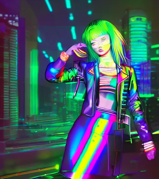 Image similar to a cyberpunk woman with rainbow hair wearing a flared mini skirt, vaporwave, glitch art, 9 0 s vhs aesthethic, digital art by wlop, by hideaki anno, neon lights, octane render, anime style