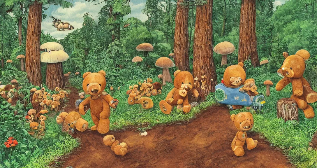 Prompt: teddy bear traveling on a forest road, being watched by lots of different kind on animals, in the forest small and big buildings, giant mushrooms, weird creatures, highly detailed, wide view, childrens book illustration, by sven nordqvist