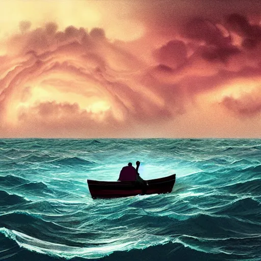 Image similar to a single man on a boat who is amazed by the beauty of a huge storm in the middle of the sea that is about to absorb him and end his life, illustration, digital art, d & d, trending on art station, masterpiece