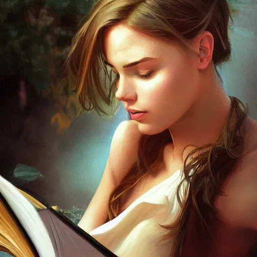 Image similar to hyperrealistic oil painting of a girl reading a book, realistic shaded perfect face, extremely fine details, realistic shaded lighting, stormy background, artgerm, 8 k ultra realistic, highly detailed, art by christopher balaskas, alphonse mucha, craig mullins, alena aenami, ultra detailed