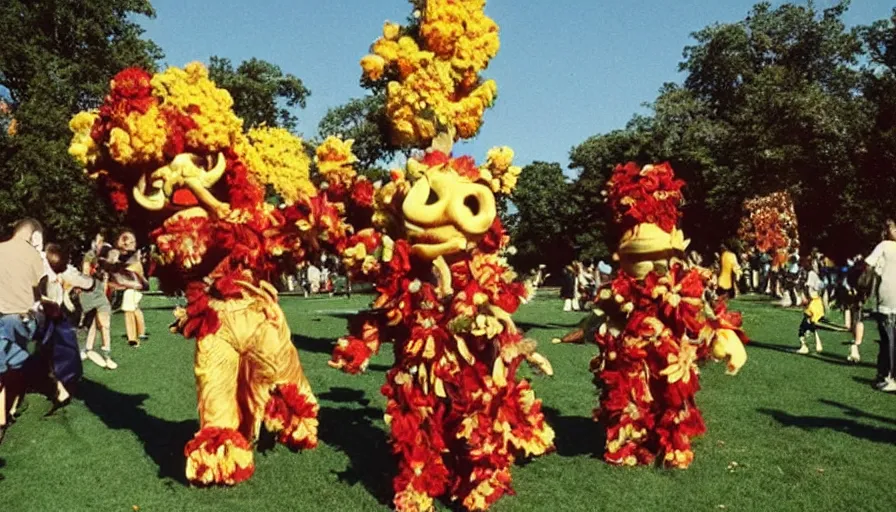 Image similar to 1990s candid photo of a beautiful day at the park, cinematic lighting, cinematic look, golden hour, large personified costumed flower people in the background, Enormous flower people mascots with scary faces chasing kids, kids talking to flower people that are really scary and ruining the day, UHD