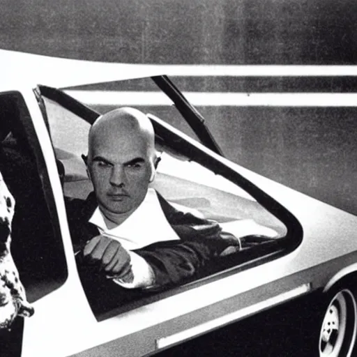 Image similar to anton lavey driving a delorean