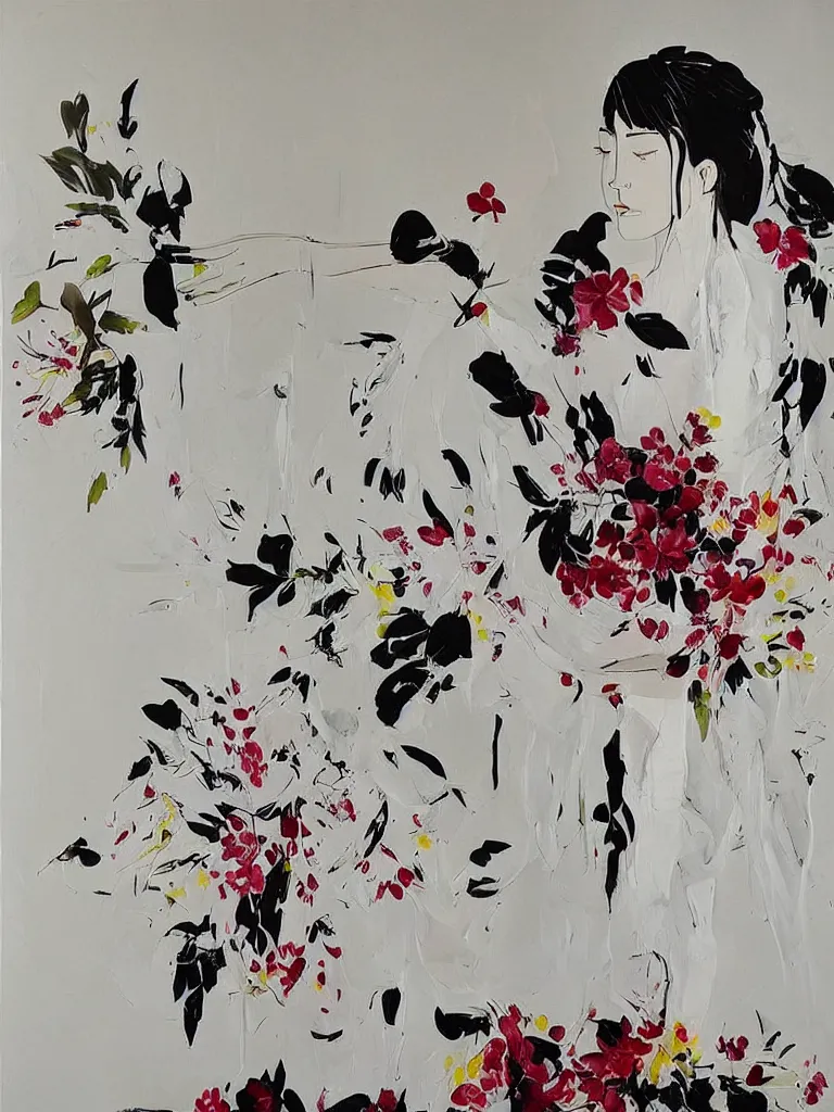 Prompt: “art in an Australian artist’s apartment, painting of a woman wearing white cotton cloth, organic, fresh berries, white wax, edible flowers, Japanese pottery, ikebana, black walls, acrylic and spray paint and oilstick on canvas”