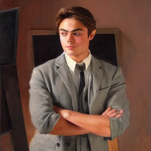 Image similar to Harold knight painting of zach efron posing in a studio,