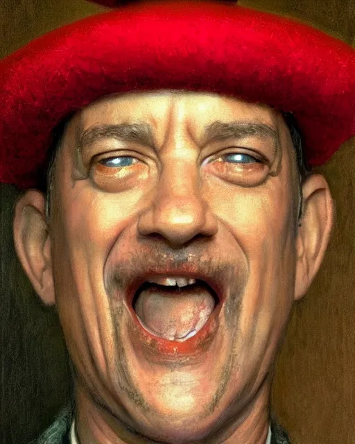 Image similar to closeup portrait of whimsical conniving tom hanks wearing a red hat, court jester in renaissance era,, masterpiece, by donato giancola and greg rutkowski and wayne barlow and zdzisław beksinski, high contrast, realistic face