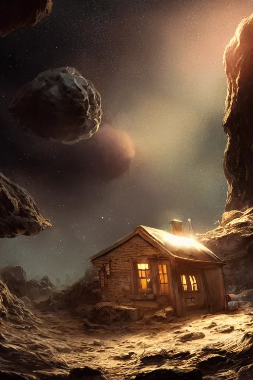 Image similar to a small ramshackle cottage on an asteroid floating through space, dramatic lighting, cinematic, establishing shot, extremely high detail, foto realistic, cinematic lighting, post processed, concept art, high details, cinematic, 8k resolution, beautiful detailed, photorealistic, digital painting, artstation, concept art, smooth, sharp focus, artstation trending, octane render, unreal engine