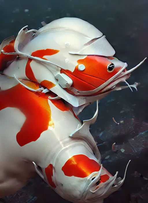 Image similar to subsurface scattering, white, koi, samurai with beautiful helmet, by jesper ejsing, justin gerard, tomasz alen kopera, cgsociety and fenghua zhong, highly detailed, rim light, cinematic lighting, illustration, art, octane render, very coherent, cinematic, hyper realism, high detail, octane render, 8 k