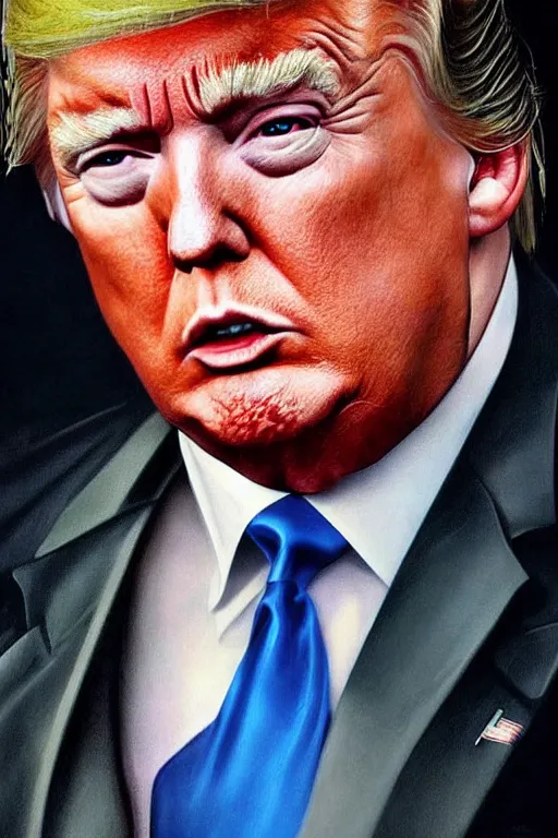 Image similar to photorealistic portrait photograph of donald trump!! with a nuclear missile, handsome, depth of field, soft focus, highly detailed, intricate, realistic, national geographic cover, soft glow, textured, artstation, concept art, sharp focus, illustration, art by artgerm and greg rutkowski and alphonse mucha