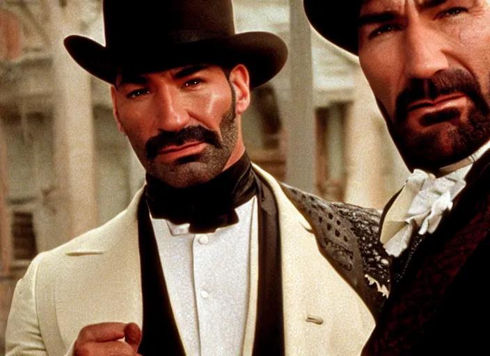 Prompt: film still of Dave Bautista as Doc Holiday in Tombstone 1993, 4k