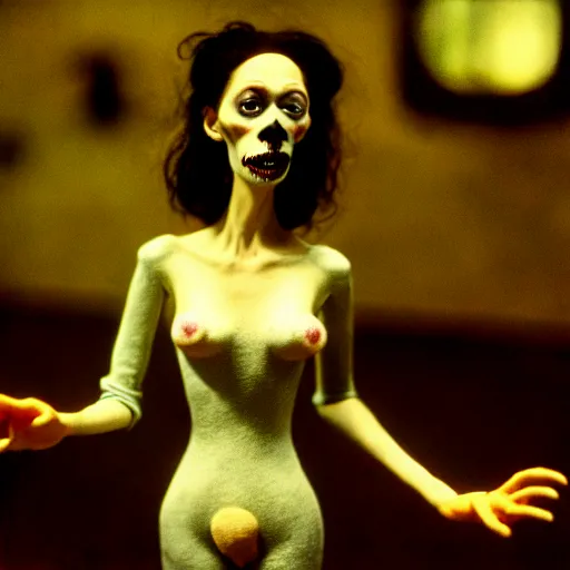 Prompt: claymation jacinda arden, fully - clothed, by jan svankmajer, hyperrealistic, very detailed, tim burton, 3 5 mm film still, gothic, horror, eldritch