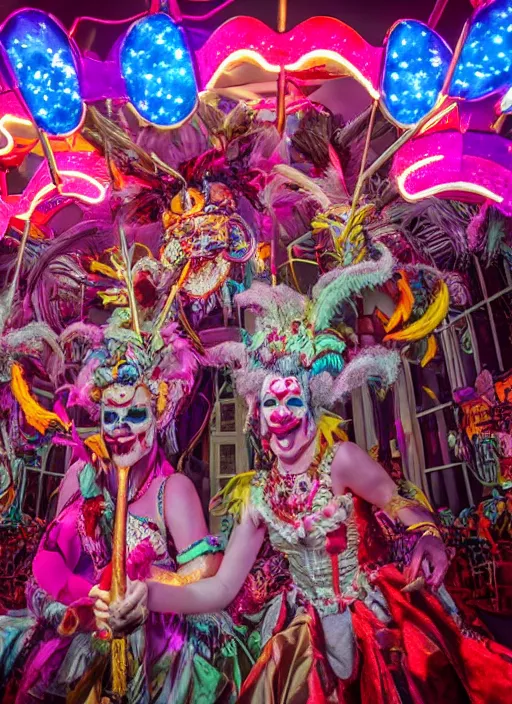 Image similar to professional photography, octane render, beautiful aesthetic whimsical horror, carnival, fools and jesters performing at a carnival, high-resolution, extreme detail, beautiful colorful lights