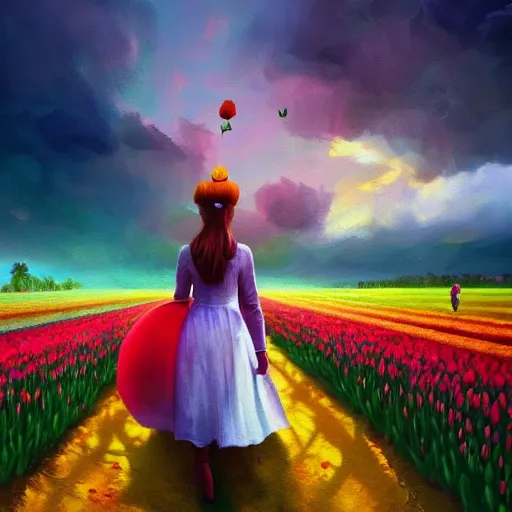 Image similar to large tulip as a face, girl walking in a flower field, surreal photography, sunrise dramatic light, impressionist painting, colorful clouds, digital painting, artstation, simon stalenhag