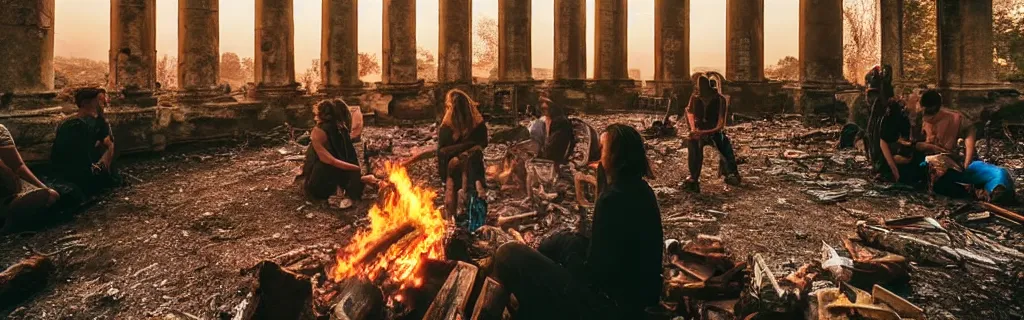 Image similar to group of humans huddled around a bonfire in a decaying building with the world outside overgrown and in ancient architecture ruins from a higher perspective with dramatic lighting photographed with an animorphic lens, rendered in a cinematic hazy dusk sunset golden hour atmosphere