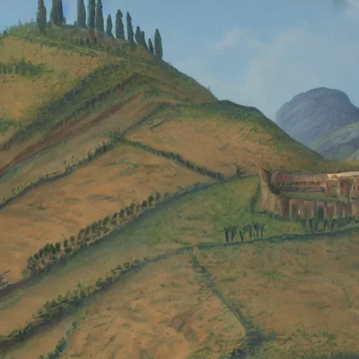 Prompt: a very detailed painting of a hill, ancient rome stands behind it in the distance, thick brush strokes, visible layers of paint.